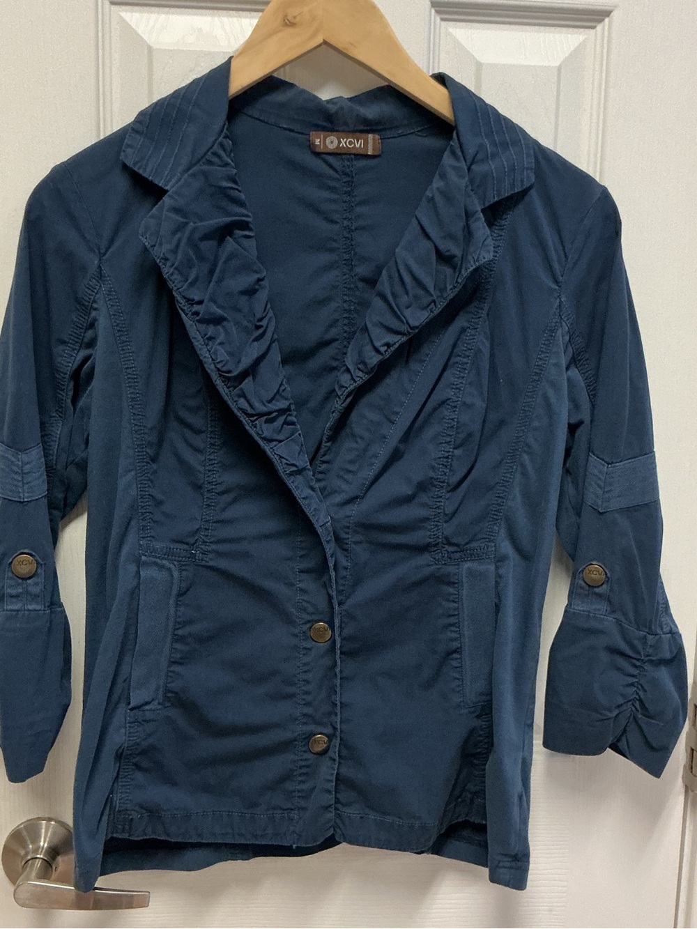 XCVI wearables SZ M navy poplin ribbed 3/4 sleeve button closure blazer jacket